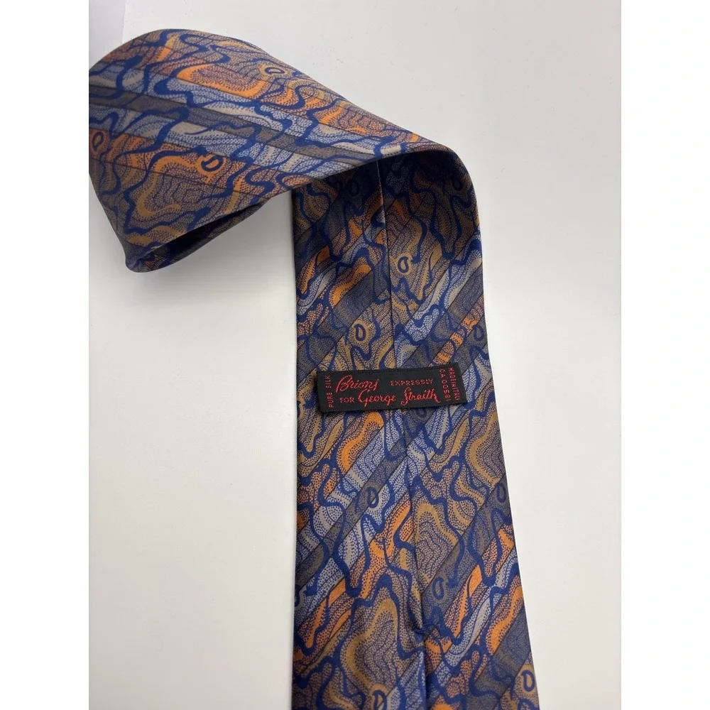 Brioni Silk Tie Blue Orange Abstract Swirl Geometric Pattern Made in Italy